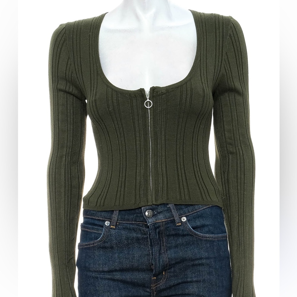 Zip Up Cardigan Style Cropped Top Forest Green